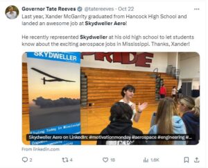 Mississippi Governor Recognizes Aerospace Industry Intern On His Social Media